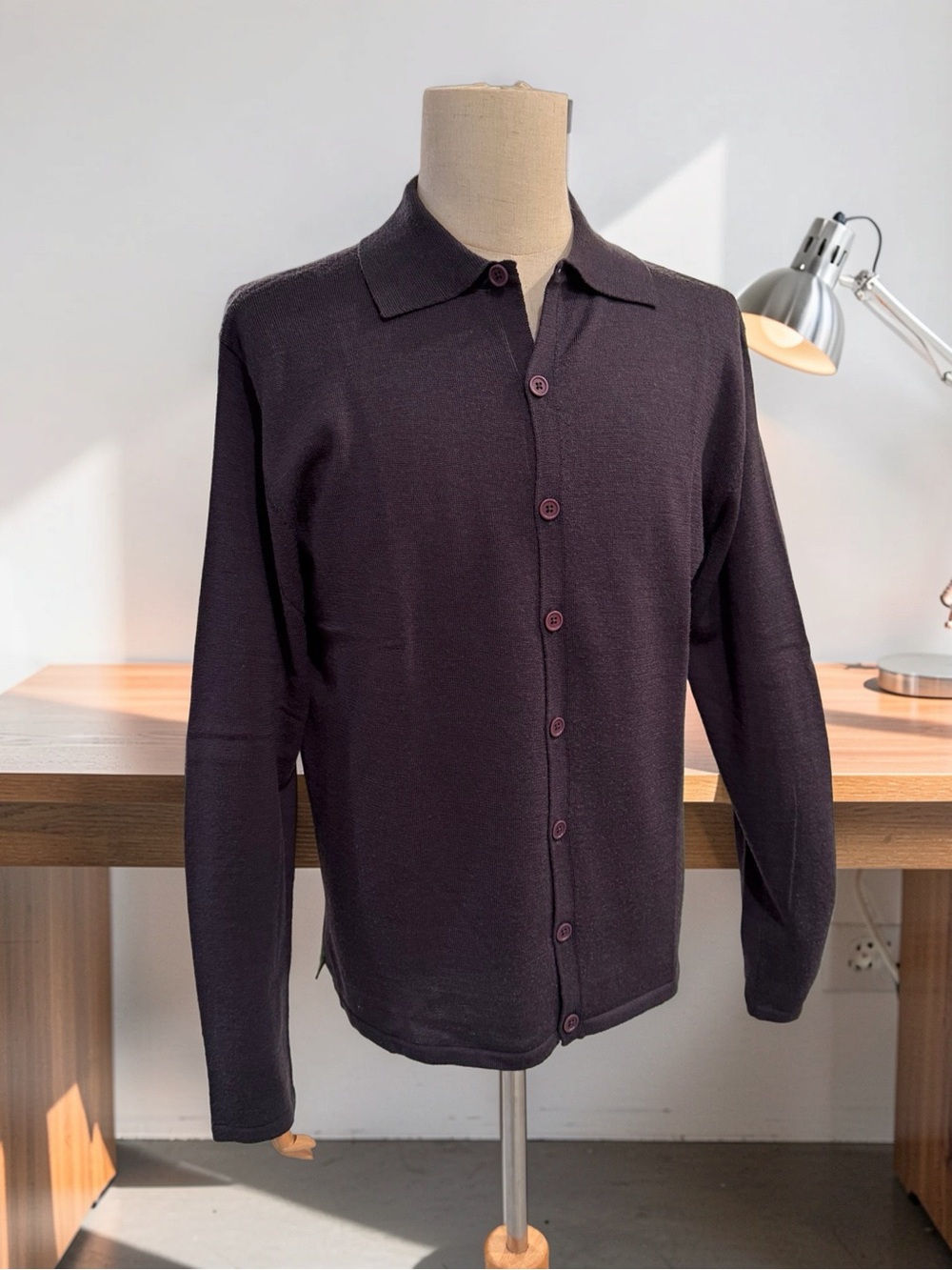 Armani Collezioni Vtg Sz L Dark Brown Button-Front 100% Wool Knit Cardigan 923